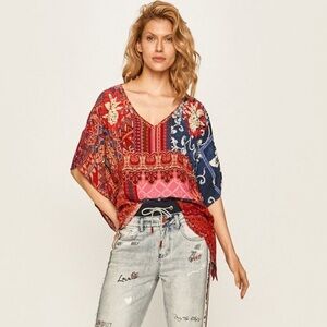 Desigual Perugia Colorful Top Bohemian Floral Print V Neck Embroidered SZ L